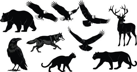 Set of black vector wild animals featuring bear, eagle, wolf, deer, raven, and panther silhouettes, isolated on white background for nature design