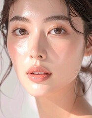 日本人, 超リアル, 若い美しい女性, 顔アップ, 滑らかな肌, ツヤのある肌質, ナチュラルメイク, 柔らかな光, 美容広告風, シネマティック, カメラ目線, 高画質, Japanese, ultra-realistic, young beautiful woman, face close-up, smooth skin, radiant complexion, natural makeup