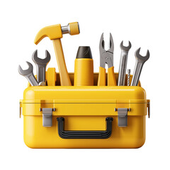 Household repair and maintenance essentials neatly organized in a yellow toolbox.