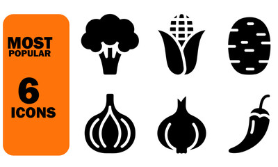 Collection of monochrome vegetables icons broccoli corn potato onion garlic and chili pepper