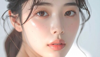 日本人, 超リアル, 若い美しい女性, 顔アップ, 滑らかな肌, ツヤのある肌質, ナチュラルメイク, 柔らかな光, 美容広告風, シネマティック, カメラ目線, 高画質, Japanese, ultra-realistic, young beautiful woman, face close-up, smooth skin, radiant complexion, natural makeup