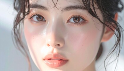 日本人, 超リアル, 若い美しい女性, 顔アップ, 滑らかな肌, ツヤのある肌質, ナチュラルメイク, 柔らかな光, 美容広告風, シネマティック, カメラ目線, 高画質, Japanese, ultra-realistic, young beautiful woman, face close-up, smooth skin, radiant complexion, natural makeup