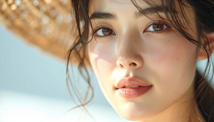 日本人, 超リアル, 若い美しい女性, 顔アップ, 滑らかな肌, ツヤのある肌質, ナチュラルメイク, 柔らかな光, 美容広告風, シネマティック, カメラ目線, 高画質, Japanese, ultra-realistic, young beautiful woman, face close-up, smooth skin, radiant complexion, natural makeup
