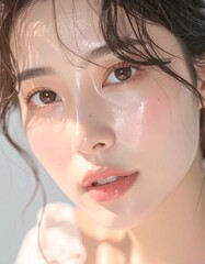 日本人, 超リアル, 若い美しい女性, 顔アップ, 滑らかな肌, ツヤのある肌質, ナチュラルメイク, 柔らかな光, 美容広告風, シネマティック, カメラ目線, 高画質, Japanese, ultra-realistic, young beautiful woman, face close-up, smooth skin, radiant complexion, natural makeup