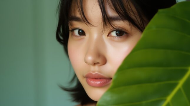 Image of an Asian woman with glowing skin partially concealed by green leaves Beauty clinic promoting organic skincare and eco friendly practices 
