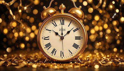 2026 golden vintage alarm clock at midnight surrounded by warm bokeh lights and confetti.