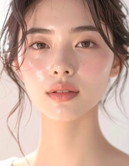 日本人, 超リアル, 若い美しい女性, 顔アップ, 滑らかな肌, ツヤのある肌質, ナチュラルメイク, 柔らかな光, 美容広告風, シネマティック, カメラ目線, 高画質, Japanese, ultra-realistic, young beautiful woman, face close-up, smooth skin, radiant complexion, natural makeup