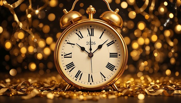 2026 golden vintage alarm clock at midnight surrounded by warm bokeh lights and confetti. - Powered by Adobe