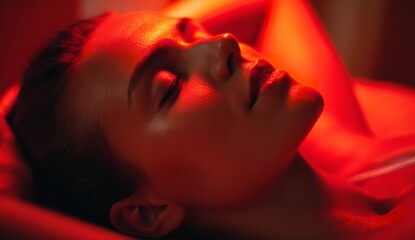 Relaxing spa treatment with red light therapy, a beautiful woman receives soothing facial rejuvenation for vibrant skin and wellness in a modern beauty clinic