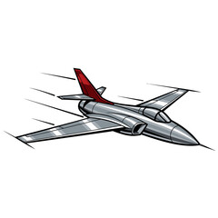 Illustration of a sleek, silver jet airplane with a red tail fin, in mid-flight.