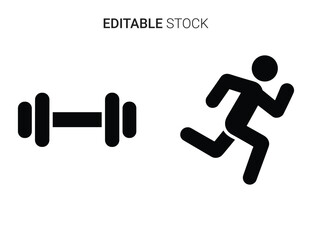 Dumbbell and running man silhouette icons representing fitness, exercise, gym, and active lifestyle.