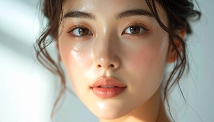 日本人, 超リアル, 若い美しい女性, 顔アップ, 滑らかな肌, ツヤのある肌質, ナチュラルメイク, 柔らかな光, 美容広告風, シネマティック, カメラ目線, 高画質, Japanese, ultra-realistic, young beautiful woman, face close-up, smooth skin, radiant complexion, natural makeup
