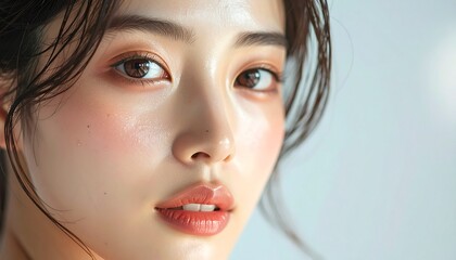日本人, 超リアル, 若い美しい女性, 顔アップ, 滑らかな肌, ツヤのある肌質, ナチュラルメイク, 柔らかな光, 美容広告風, シネマティック, カメラ目線, 高画質, Japanese, ultra-realistic, young beautiful woman, face close-up, smooth skin, radiant complexion, natural makeup