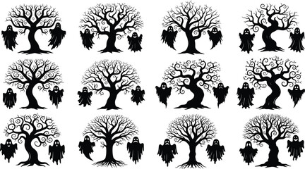 Spooky tree silhouettes, ghost figures, Halloween vector illustration, eerie forest grid, black and white design, haunted theme, creepy nature concept