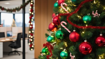 Festive Office Christmas Tree with Red and Green Ornaments and Twinkling Lights