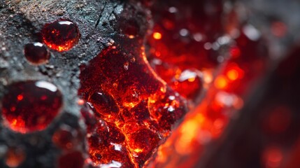 Closeup molten red substance on dark background