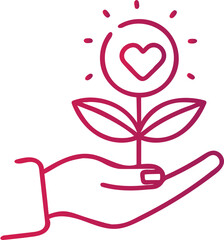 Line art illustration of a hand holding a blooming flower with a heart symbol inside, representing care and growth