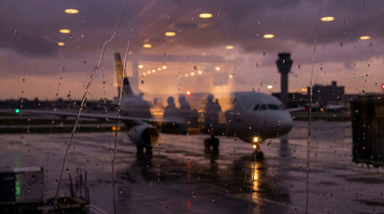 Inside an airport terminal, raindrops on the window reveal an aircraft on the tarmac, ideal for travel brochures or weather-related content.