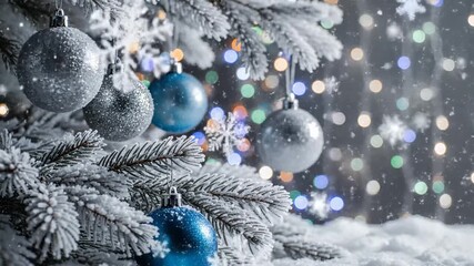 Festive Winter Scene Featuring Snow Covered Evergreen Branches Adorned with Blue and Silver Ornaments Against a Bokeh Light Backdrop