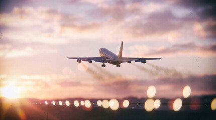 An airplane ascends into a vibrant sunset sky, perfect for travel brochures and aviation marketing.