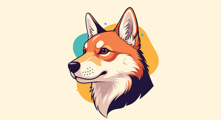 Obraz premium Stylized portrait illustration of a shiba inu or akita dog head with an intelligent gaze and colorful abstract background shapes.