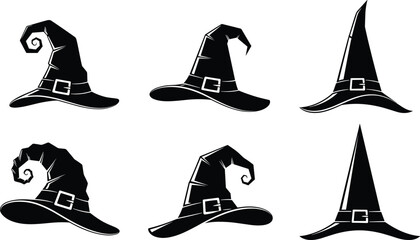Witch hat silhouette vector set, black halloween costume accessory collection, magic wizard headwear icons, spooky holiday design elements isolated on white background