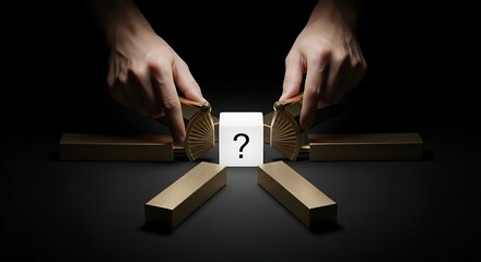 Unveiling the answer hands opening mystery box revealing question mark, discover the solution, innovative strategy, business concept, problem solving