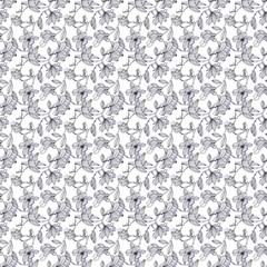 Seamless pattern of hand drawn magnolia flowers and leaves in black and white on a white background
