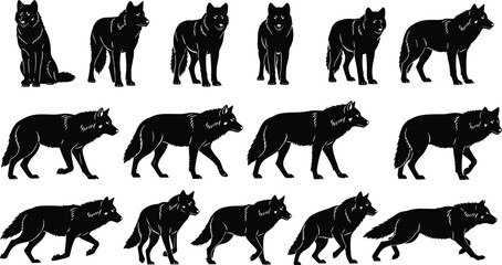 Wolf silhouette collection, black vector illustration, walking cycle poses, sitting and standing wolf, animal motion study, wildlife design, nature theme