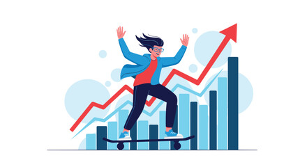 A happy person on a skateboard rides up a rising bar graph with a red arrow indicating success growth and achievement.