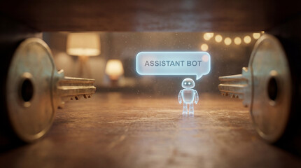 Glowing assistant bot between keys with a speech bubble. Ideal for tech-themed designs or digital innovation projects.