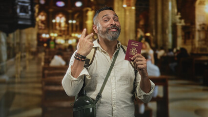 Middle aged hispanic man holding passport and showing three fingers inside building church pews...