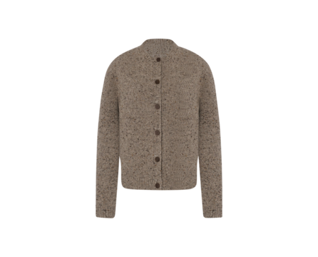 Brown long sleeve cardigan mockup front view, women's Sweater isolated on transparent background, warm speckled knit cardigan featuring a button-up.