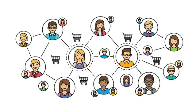 Network diagram of people connected by lines and shopping carts