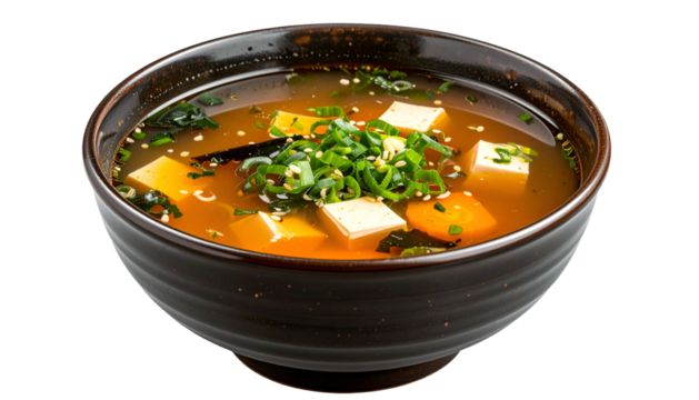 Miso soup in dark bowl with tofu, seaweed, and green onions