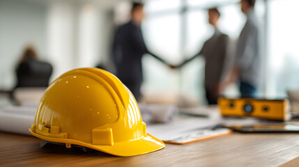 Yellow hard hat on table with people shaking hands construction safety