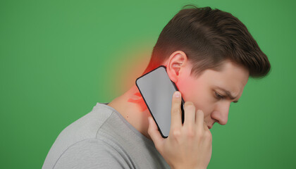 Young man experiences neck pain while on a phone call, emphasizing the impact of technology on health and well-being.