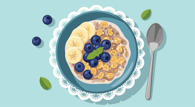 A healthy breakfast bowl of oatmeal porridge with fresh blueberries banana slices and mint on a decorative white doily.