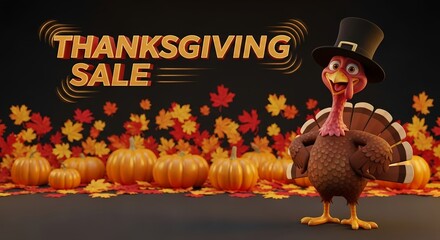 Obraz premium Funny turkey wearing top hat for thanksgiving sale promotion