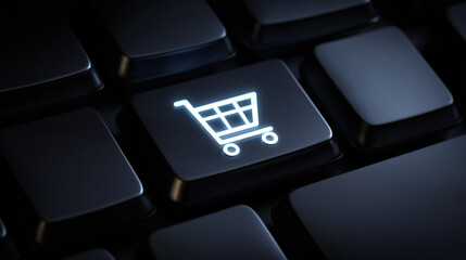 Close-Up of Shopping Cart Icon on Black Keyboard, E-Commerce Technology Button, Online Shopping Concept, Digital Retail Interface, Black Friday