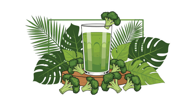 A healthy green smoothie in a glass is surrounded by fresh broccoli florets and tropical leaves on a wooden pedestal.