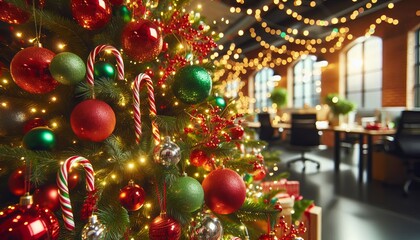 Festive Office Christmas Tree with Red and Green Ornaments and Twinkling Lights