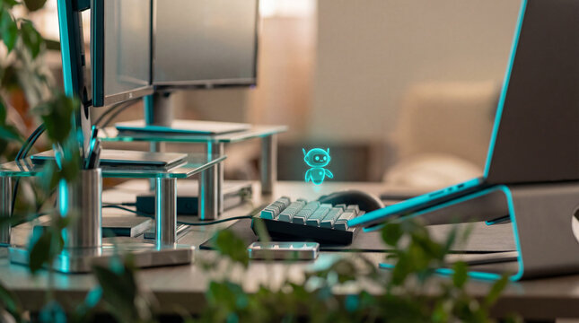 Contemporary workspace featuring dual monitors and a holographic character, perfect for tech enthusiasts and remote work setups. - Powered by Adobe