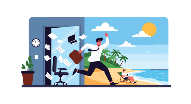 A happy businessman runs from a chaotic office directly onto a peaceful tropical beach for a much-needed vacation. - Powered by Adobe