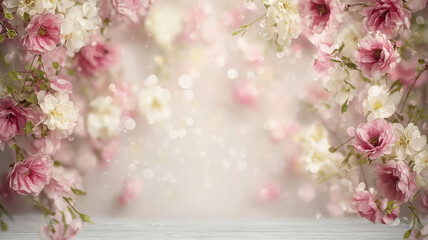 A soft and romantic floral studio backdrop, blooming pink and white flowers with a dreamy bokeh effect and ethereal lighting.