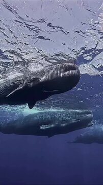 Close-Up of Sperm Whales Cruising Beneath the Surface