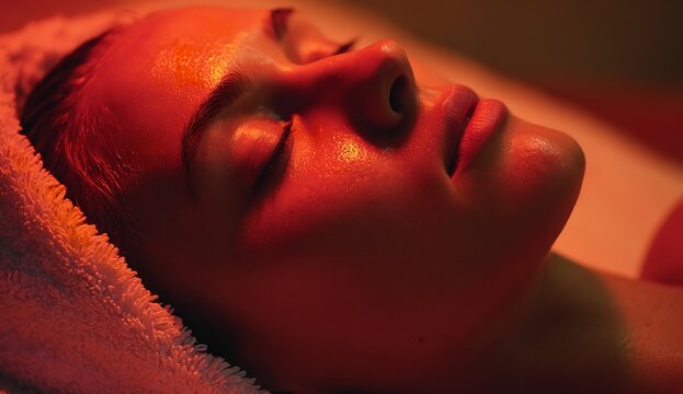 Relaxing spa moment for beautiful woman under red light therapy, promoting wellness and rejuvenation in a serene, modern setting for ultimate self-care experience