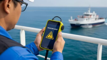 Man on a boat monitors a pressure drop warning on a smartphone, indicating potential issues with an underwater gas pipeline
