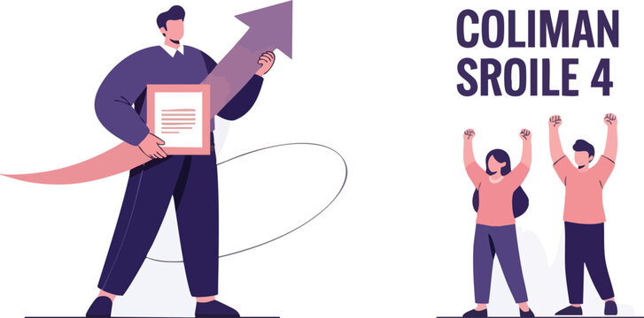 Man holding arrow and certificate with people celebrating success.