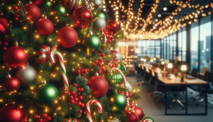 Festive Office Christmas Tree with Red and Green Ornaments and Twinkling Lights